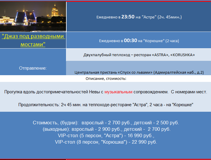 Ночные экскурсии по рекам и каналам Санкт-Петербурга на теплоходах, прогулки на катере по каналам 